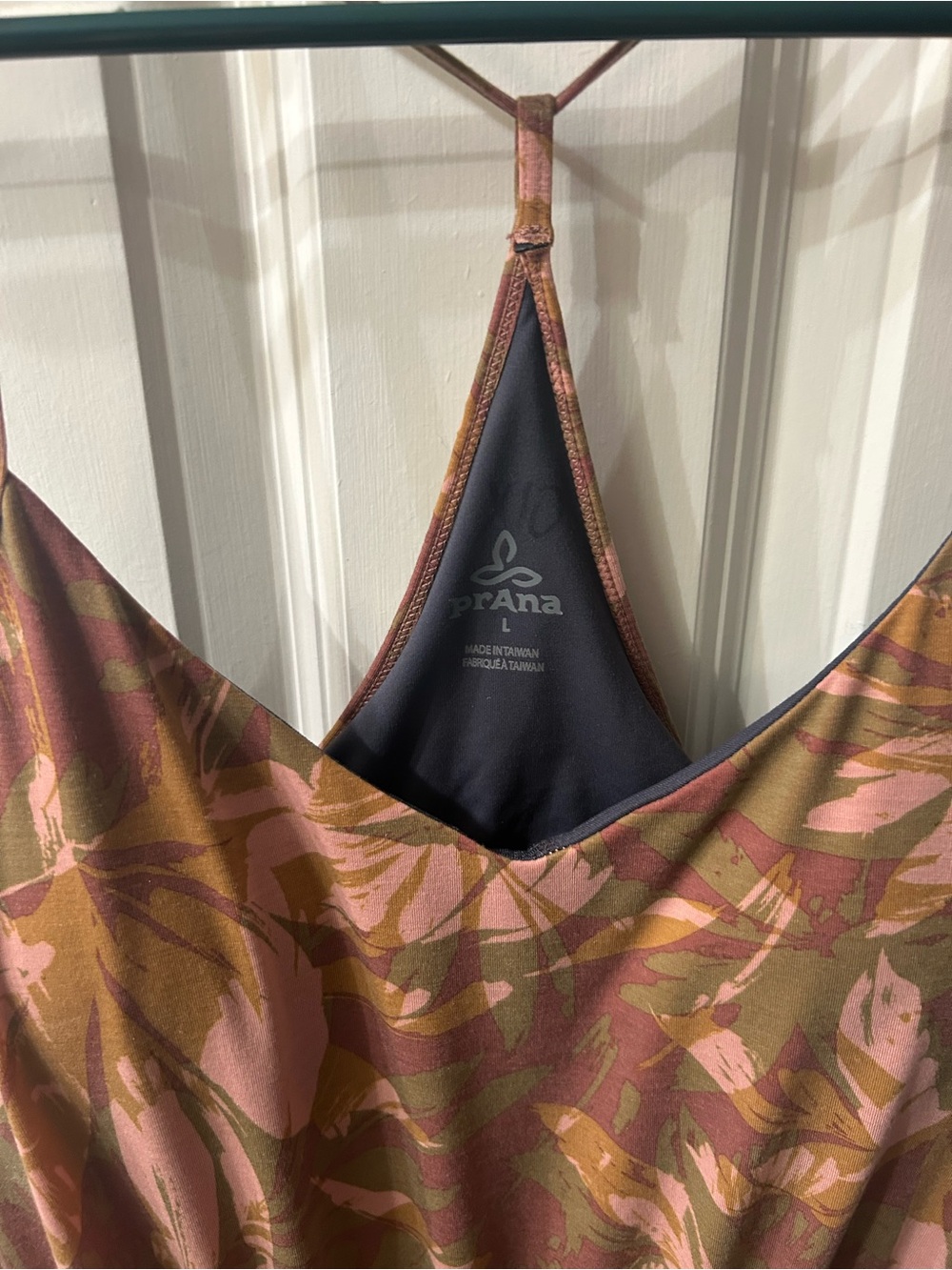 Women's Prana Floral Leaf Print Strap Dress Pink Olive & Brown size large - Picture 6 of 10